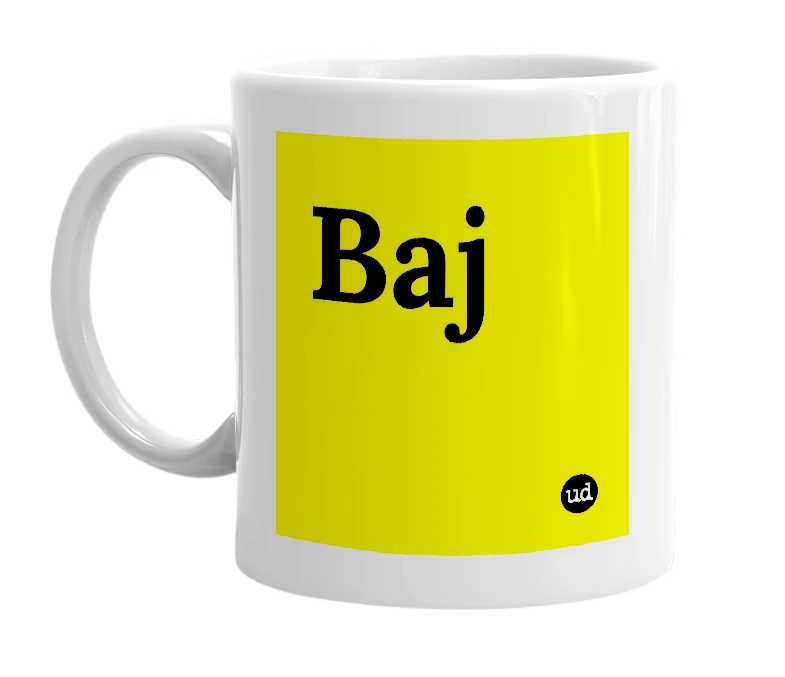 White mug with 'Baj' in bold black letters