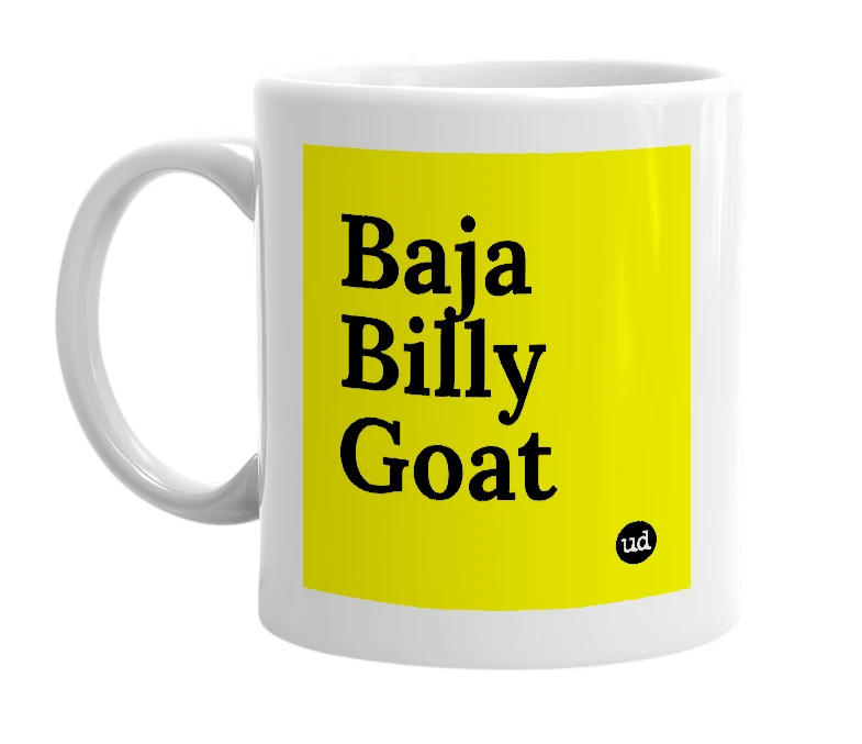 White mug with 'Baja Billy Goat' in bold black letters