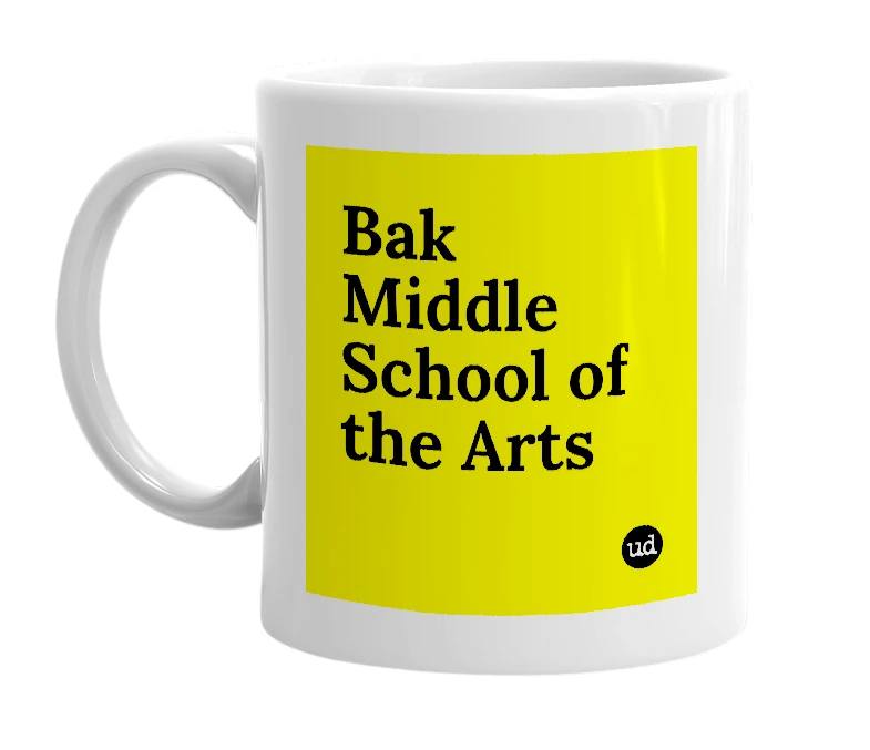 White mug with 'Bak Middle School of the Arts' in bold black letters