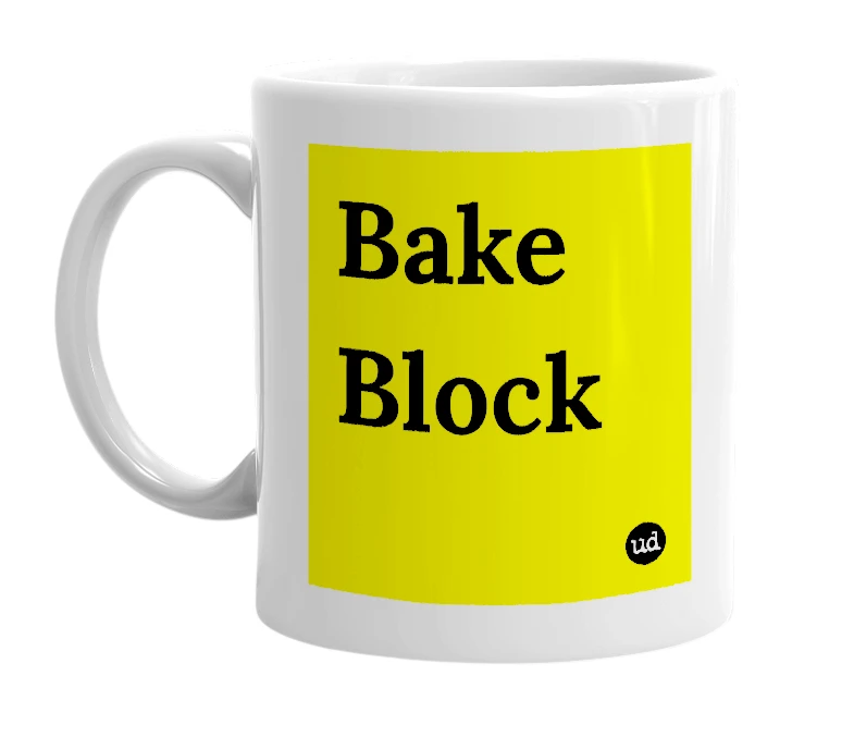 White mug with 'Bake Block' in bold black letters