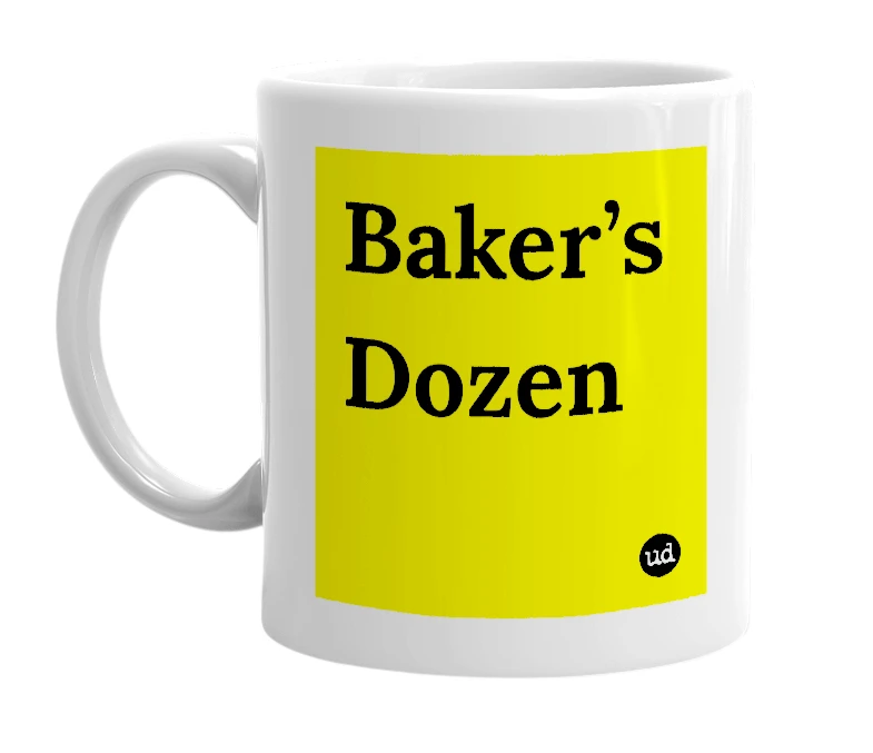 White mug with 'Baker’s Dozen' in bold black letters