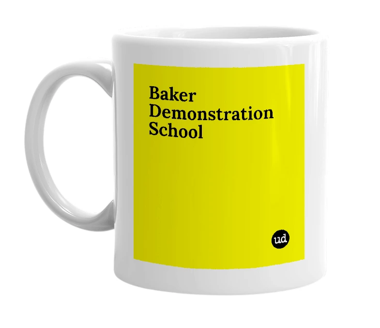 White mug with 'Baker Demonstration School' in bold black letters