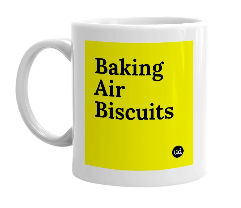 White mug with 'Baking Air Biscuits' in bold black letters