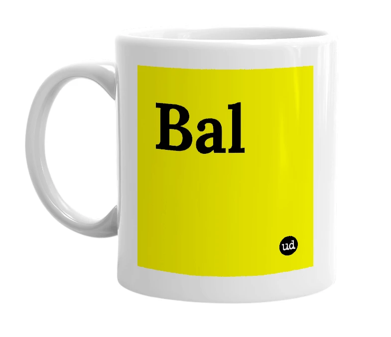 White mug with 'Bal' in bold black letters