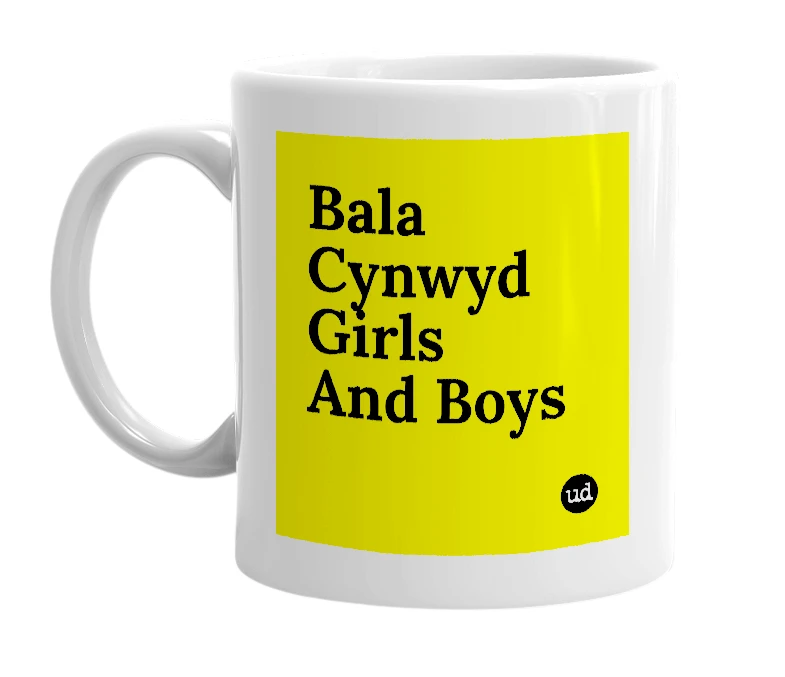 White mug with 'Bala Cynwyd Girls And Boys' in bold black letters