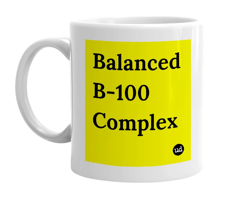 White mug with 'Balanced B-100 Complex' in bold black letters