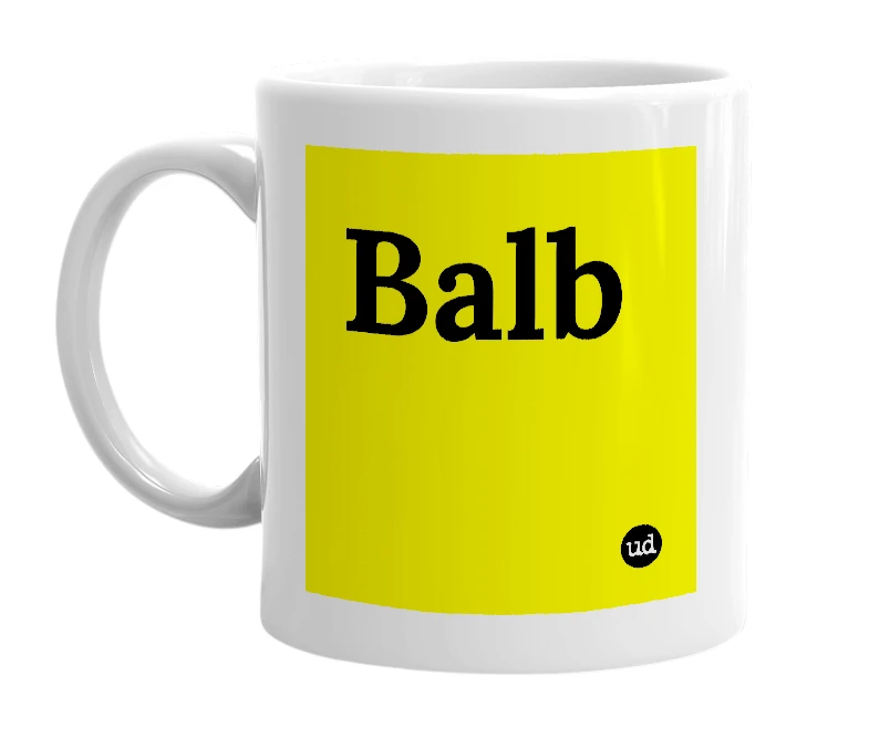 White mug with 'Balb' in bold black letters