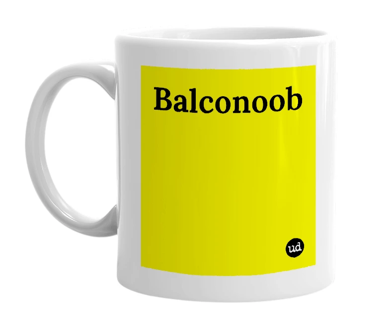 White mug with 'Balconoob' in bold black letters