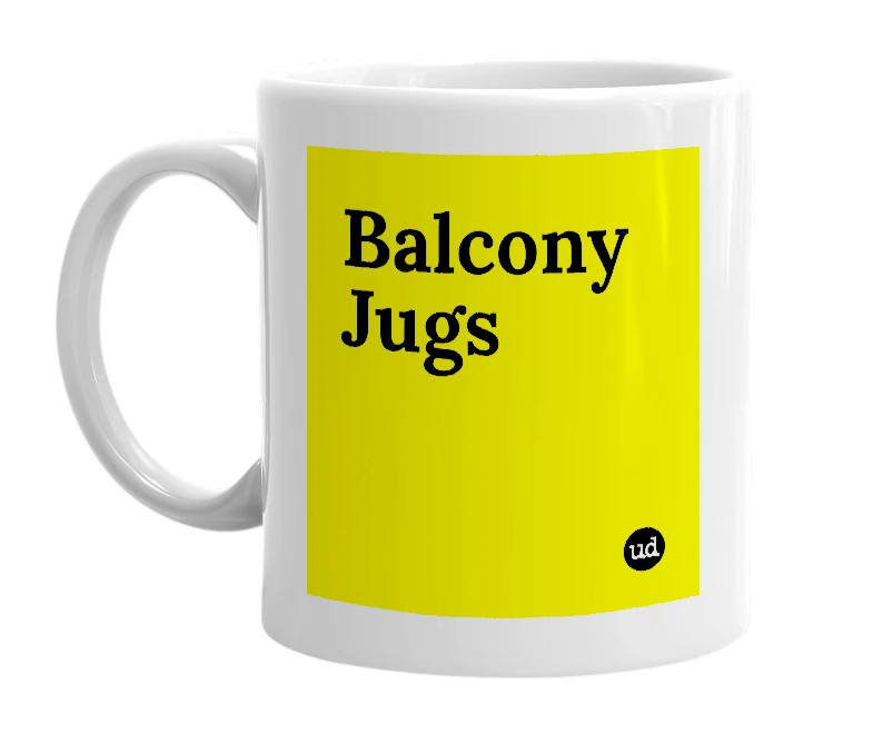 White mug with 'Balcony Jugs' in bold black letters