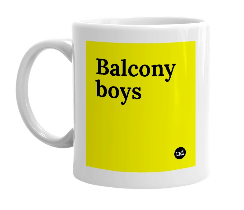White mug with 'Balcony boys' in bold black letters