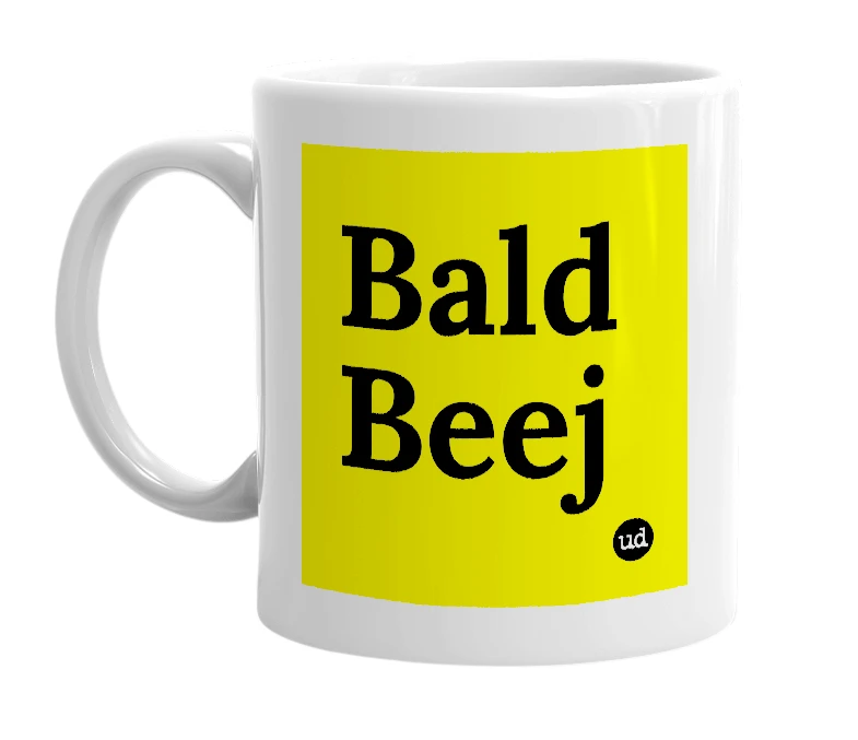 White mug with 'Bald Beej' in bold black letters