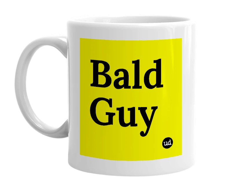 White mug with 'Bald Guy' in bold black letters