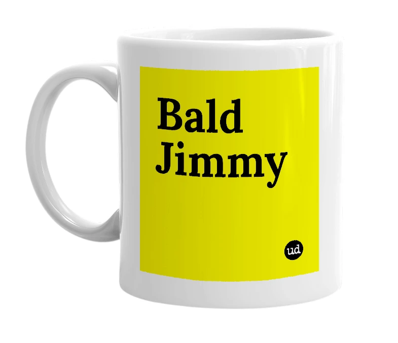 White mug with 'Bald Jimmy' in bold black letters