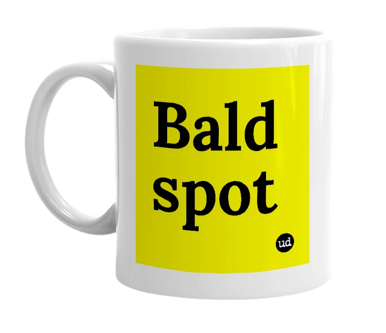 White mug with 'Bald spot' in bold black letters