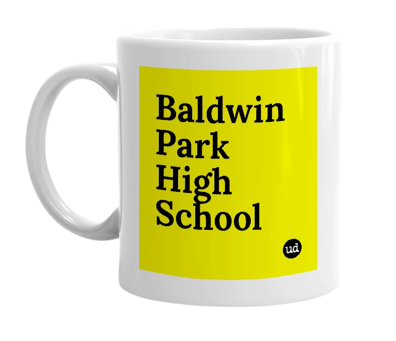 White mug with 'Baldwin Park High School' in bold black letters