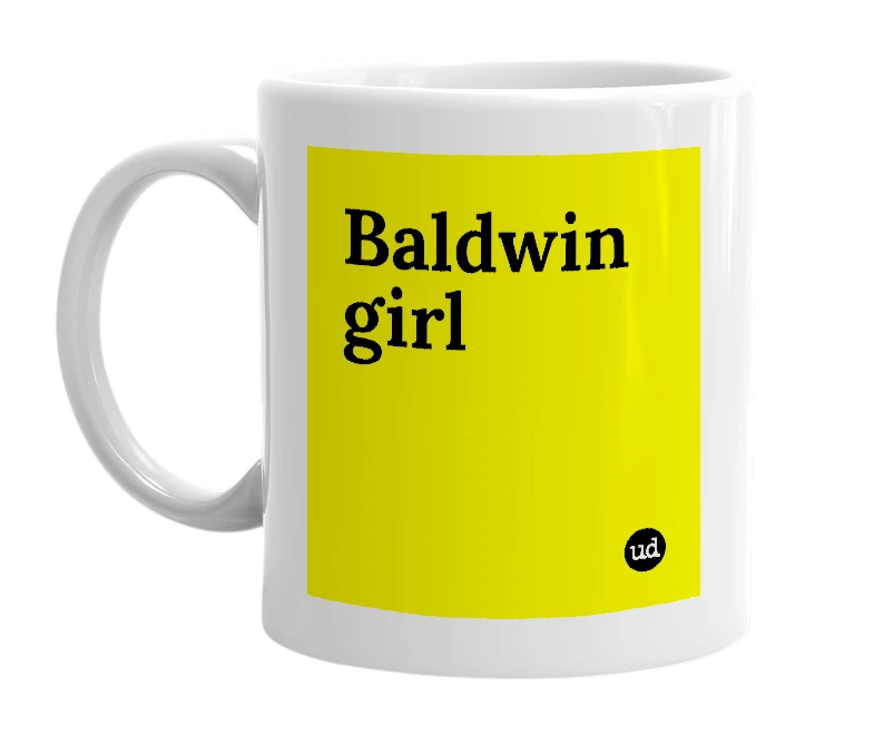 White mug with 'Baldwin girl' in bold black letters