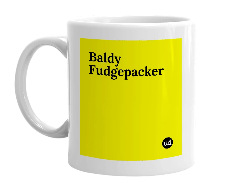 White mug with 'Baldy Fudgepacker' in bold black letters