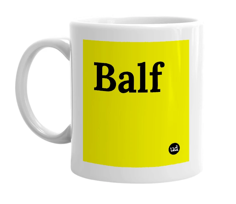 White mug with 'Balf' in bold black letters