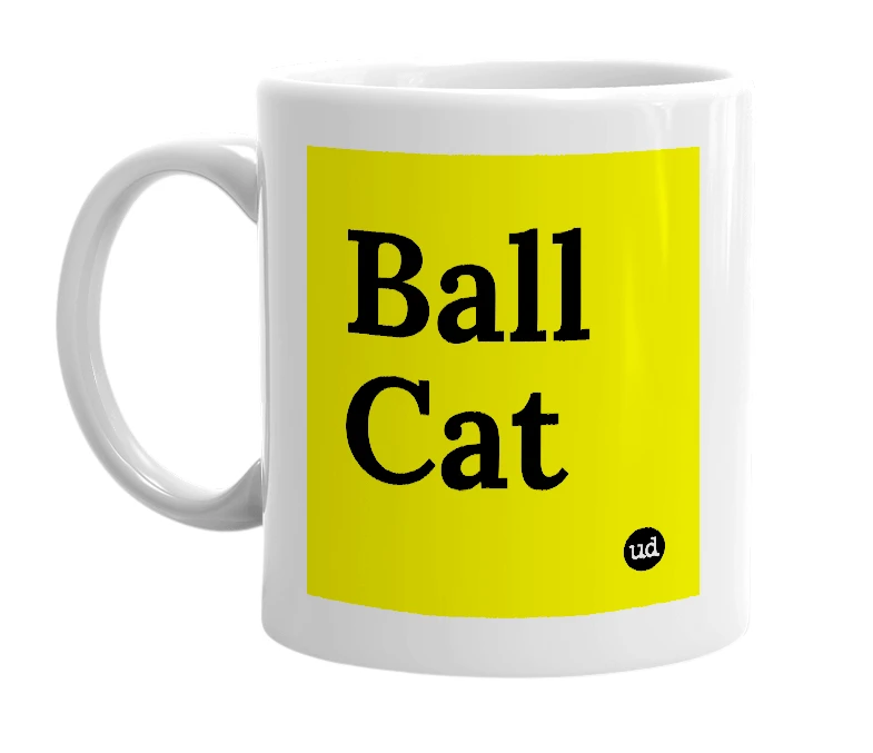 White mug with 'Ball Cat' in bold black letters