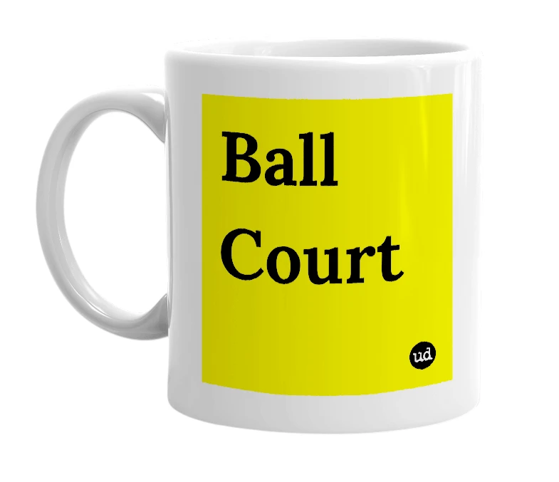 White mug with 'Ball Court' in bold black letters