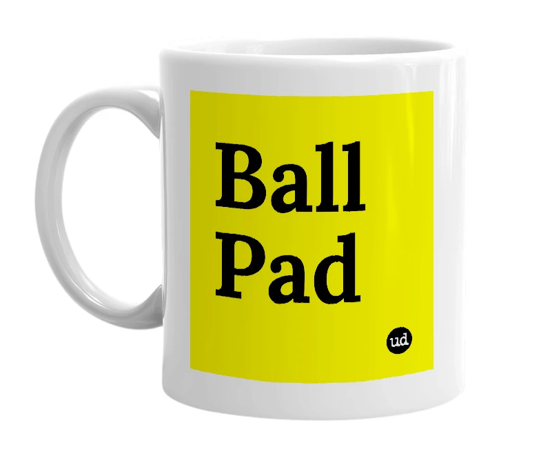White mug with 'Ball Pad' in bold black letters