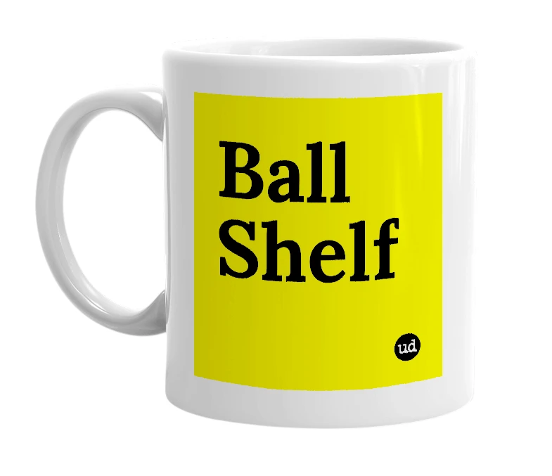White mug with 'Ball Shelf' in bold black letters