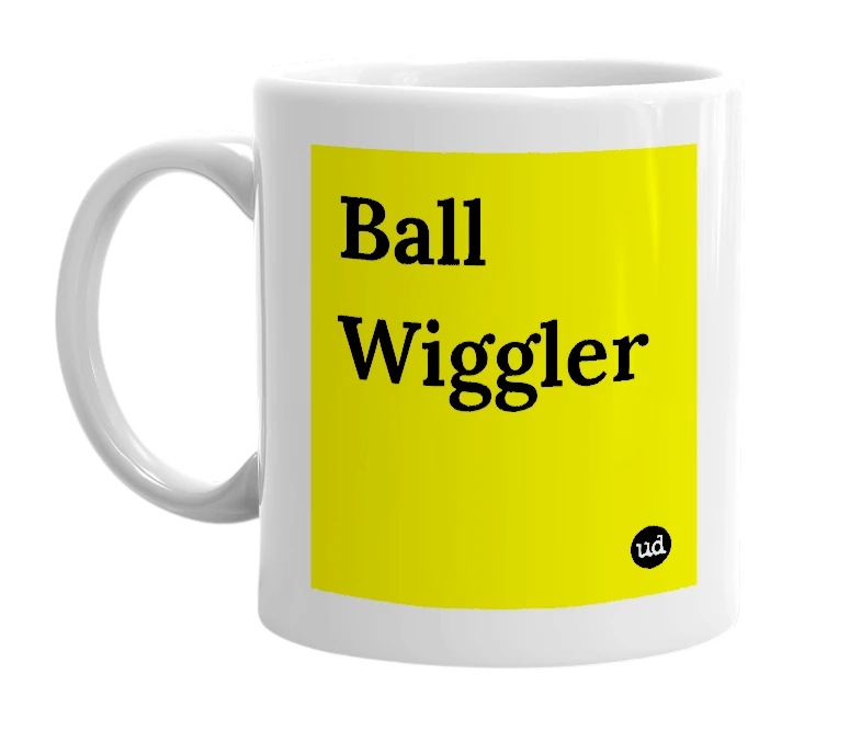 White mug with 'Ball Wiggler' in bold black letters