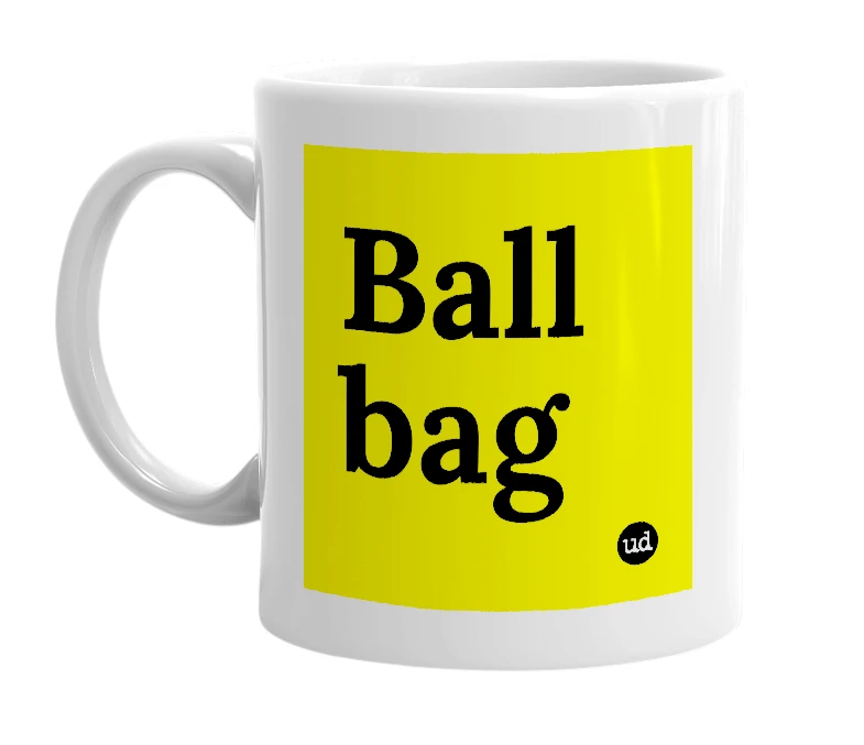 White mug with 'Ball bag' in bold black letters