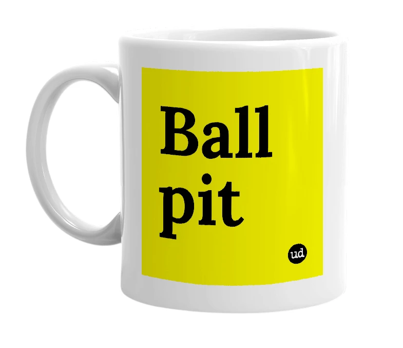 White mug with 'Ball pit' in bold black letters