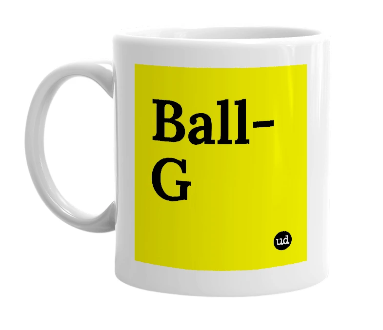 White mug with 'Ball-G' in bold black letters