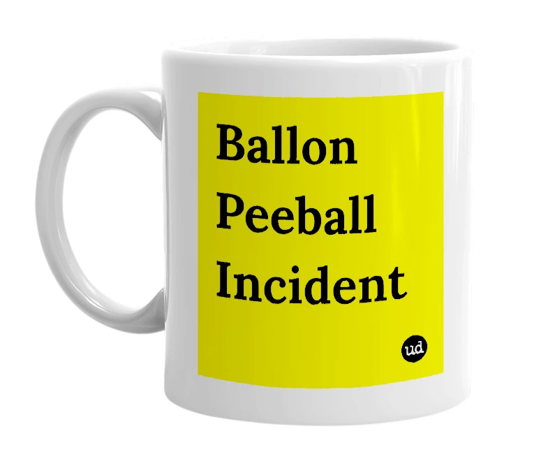 White mug with 'Ballon Peeball Incident' in bold black letters