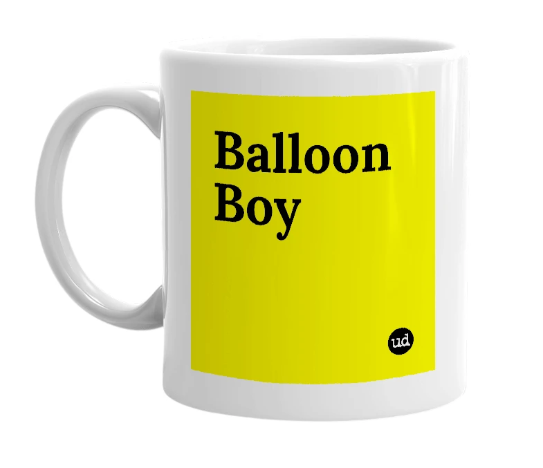 White mug with 'Balloon Boy' in bold black letters