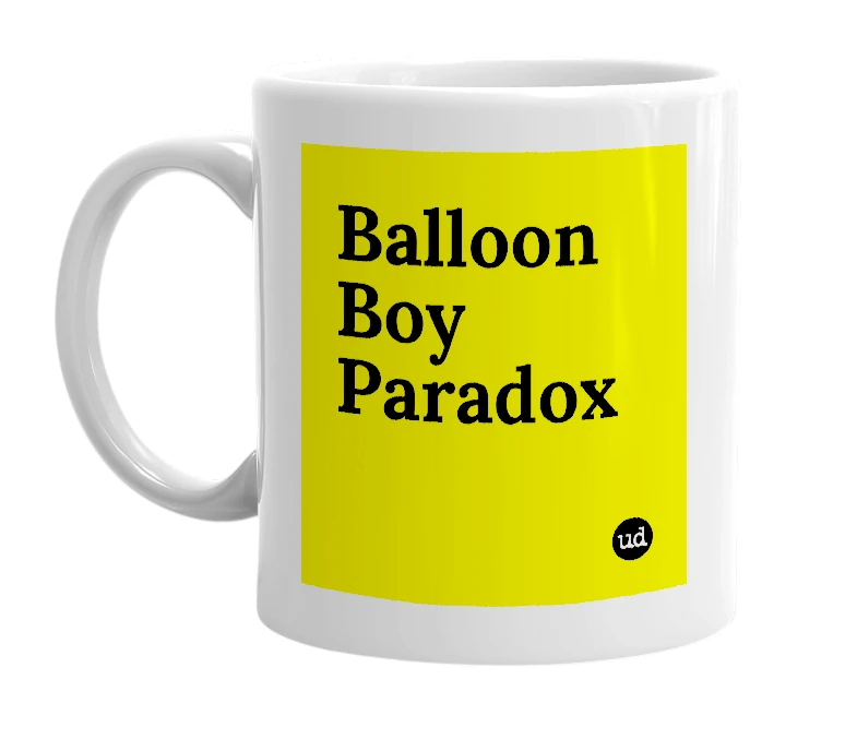White mug with 'Balloon Boy Paradox' in bold black letters