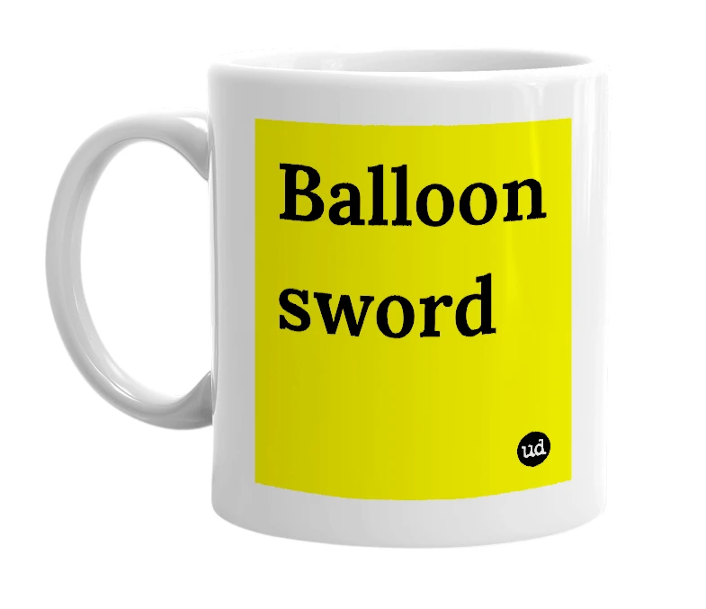 White mug with 'Balloon sword' in bold black letters
