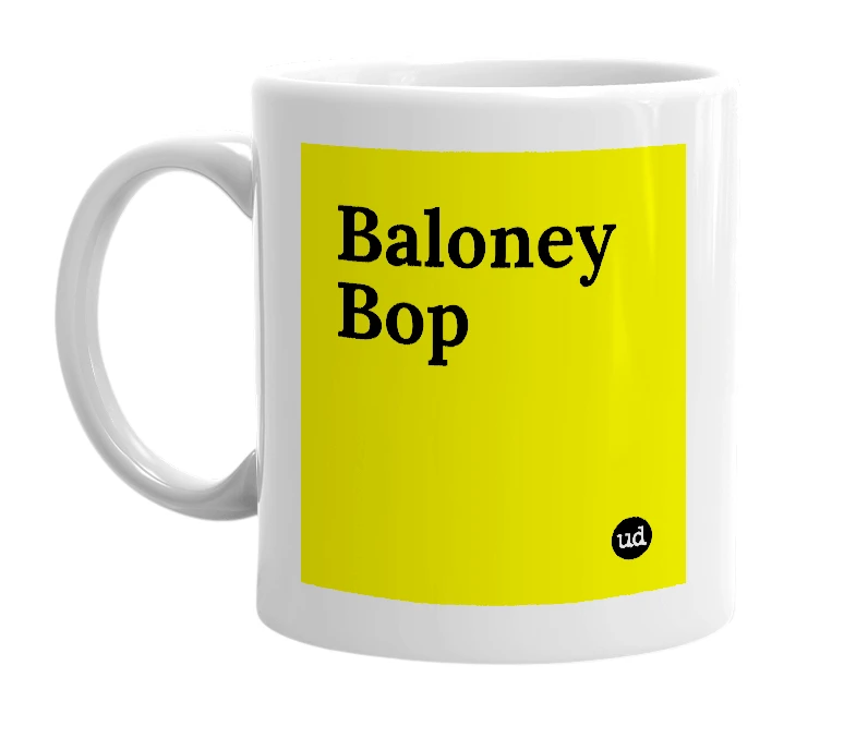 White mug with 'Baloney Bop' in bold black letters
