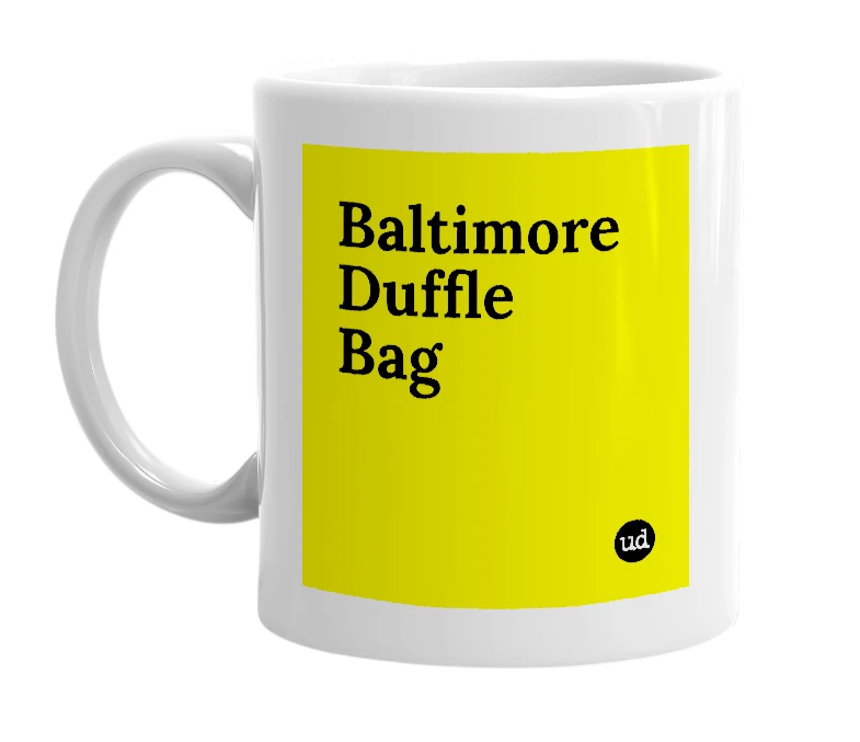 White mug with 'Baltimore Duffle Bag' in bold black letters