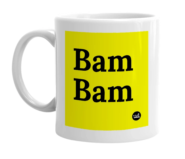 White mug with 'Bam Bam' in bold black letters