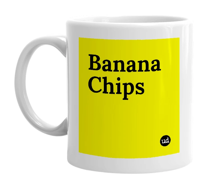 White mug with 'Banana Chips' in bold black letters