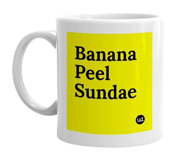 White mug with 'Banana Peel Sundae' in bold black letters