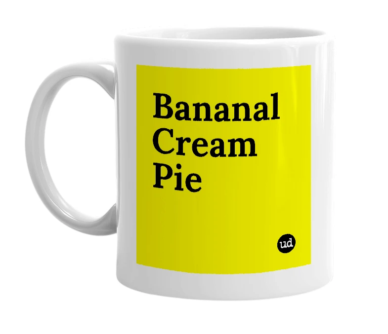 White mug with 'Bananal Cream Pie' in bold black letters