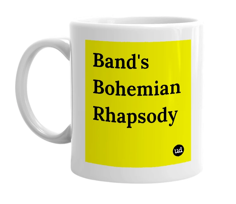 White mug with 'Band's Bohemian Rhapsody' in bold black letters