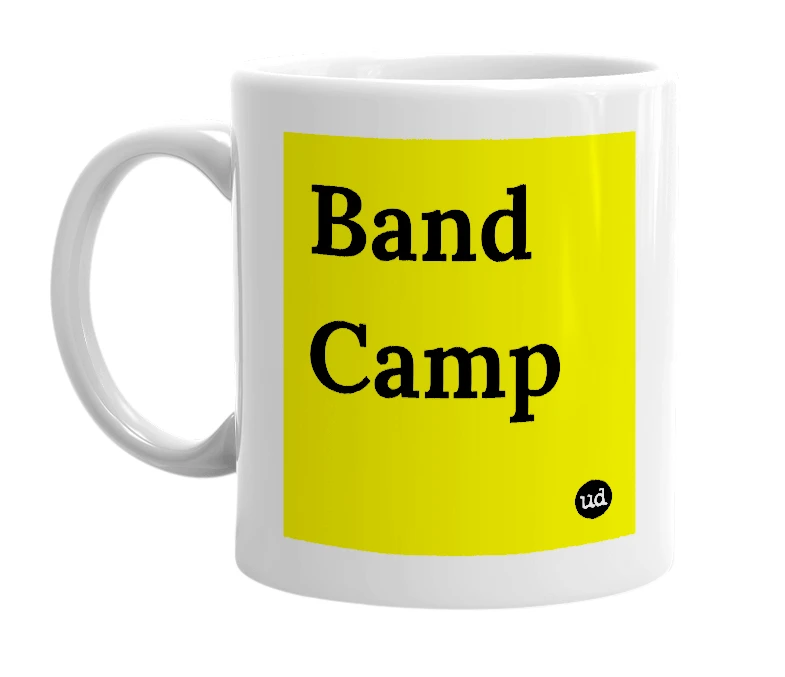 White mug with 'Band Camp' in bold black letters