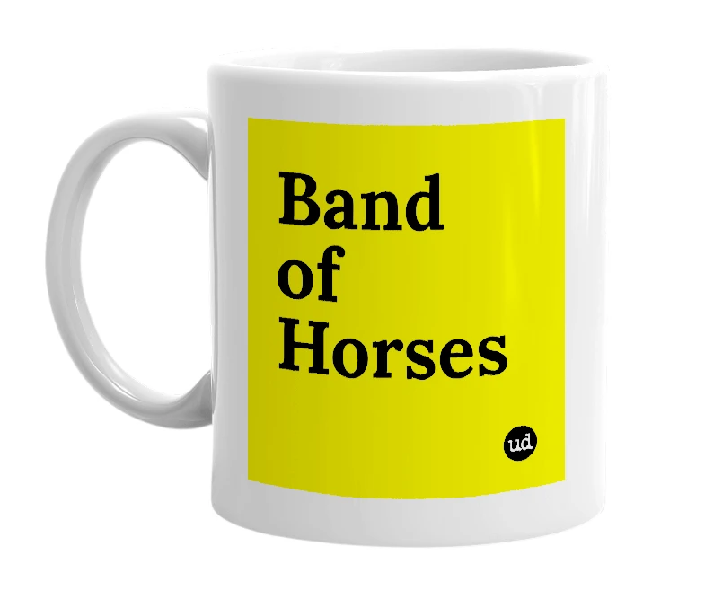 White mug with 'Band of Horses' in bold black letters