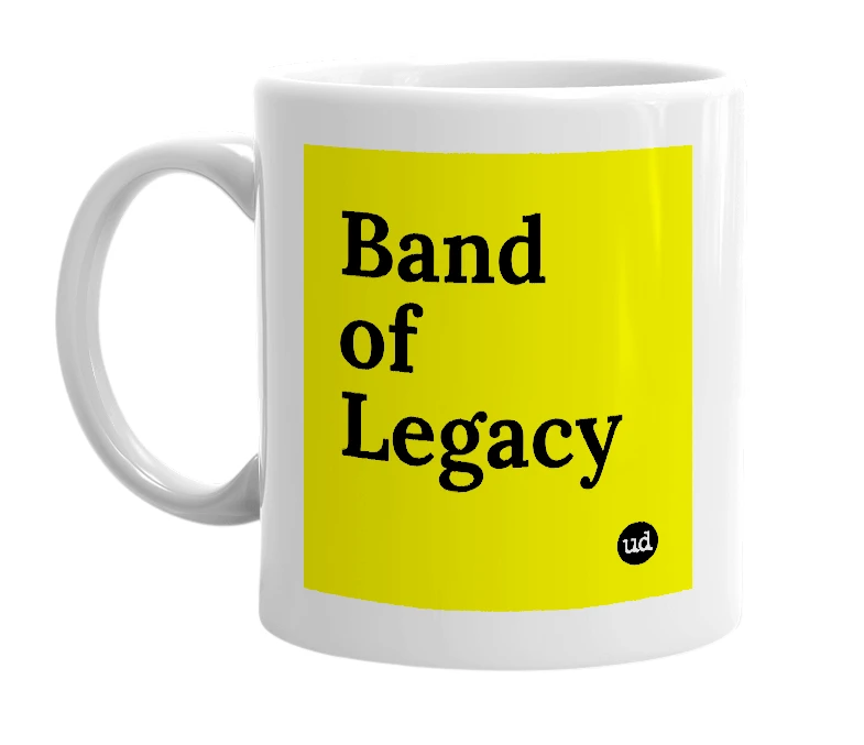 White mug with 'Band of Legacy' in bold black letters