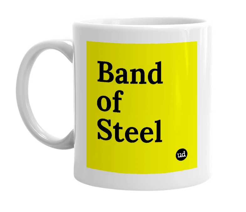 White mug with 'Band of Steel' in bold black letters