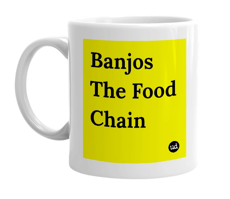 White mug with 'Banjos The Food Chain' in bold black letters