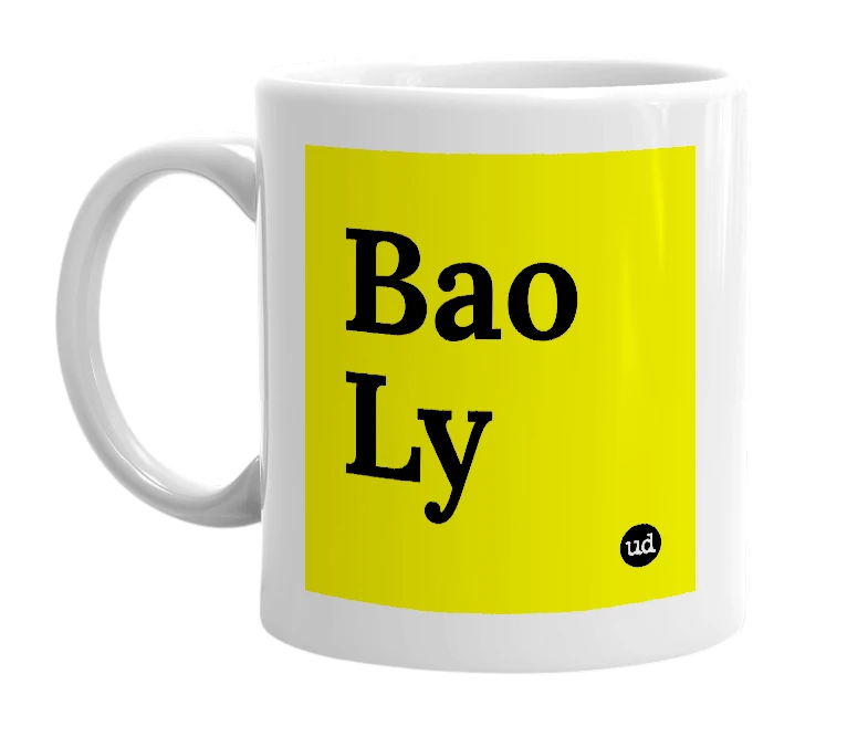 White mug with 'Bao Ly' in bold black letters