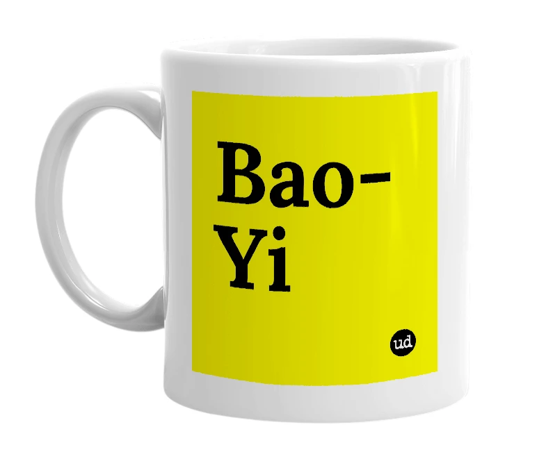 White mug with 'Bao-Yi' in bold black letters