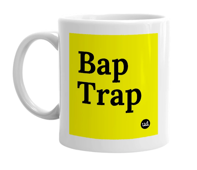 White mug with 'Bap Trap' in bold black letters