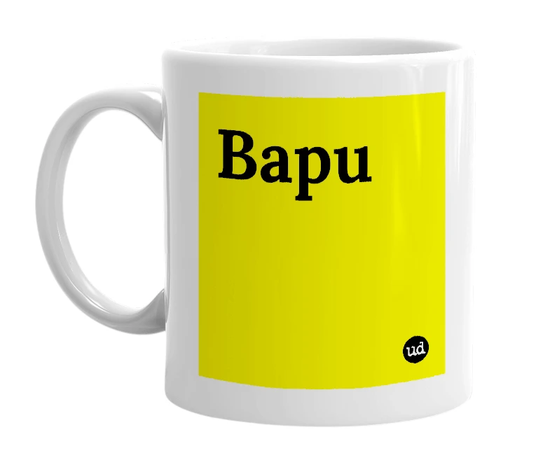 White mug with 'Bapu' in bold black letters